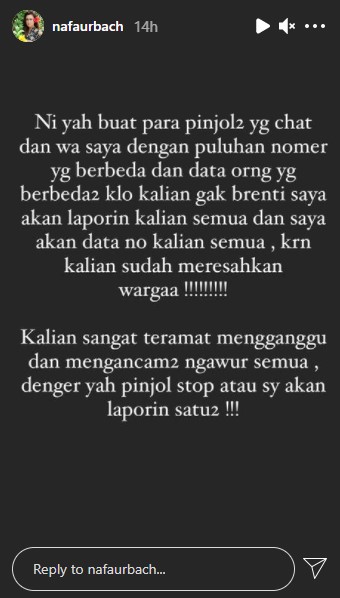 Diteror pinjol, Nafa Urbach: Stop atau saya akan laporin satu-satu!