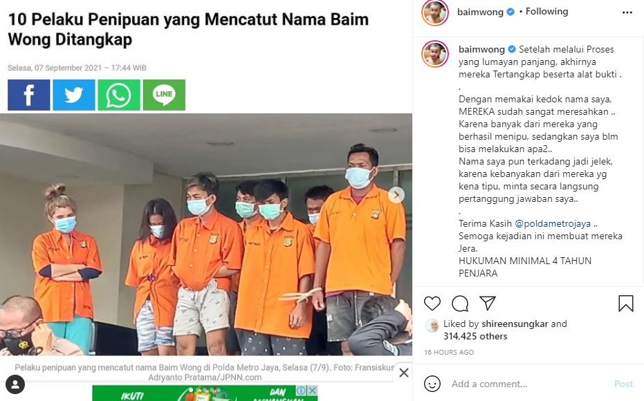 Curahan hati Baim Wong usai penipu yang mencatut namanya ditangkap