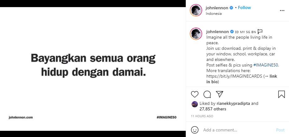 Akun Instagram John Lennon unggah postingan berbahasa Jawa, ini isinya