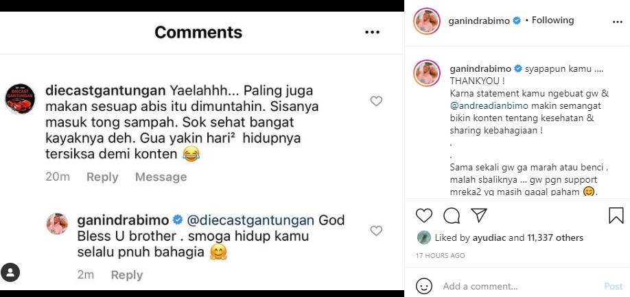 Dicibir soal gaya hidup sehat, ini jawaban bijak Ganindra Bimo
