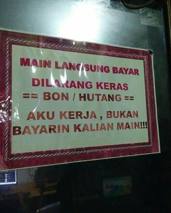 23 Tulisan lucu larangan utang di warung, bikin yang baca keder duluan