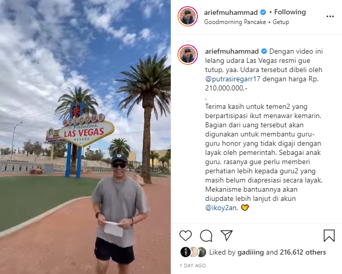 Udara Las Vegas laku Rp 210 juta, Arief Muhammad bantu guru honorer