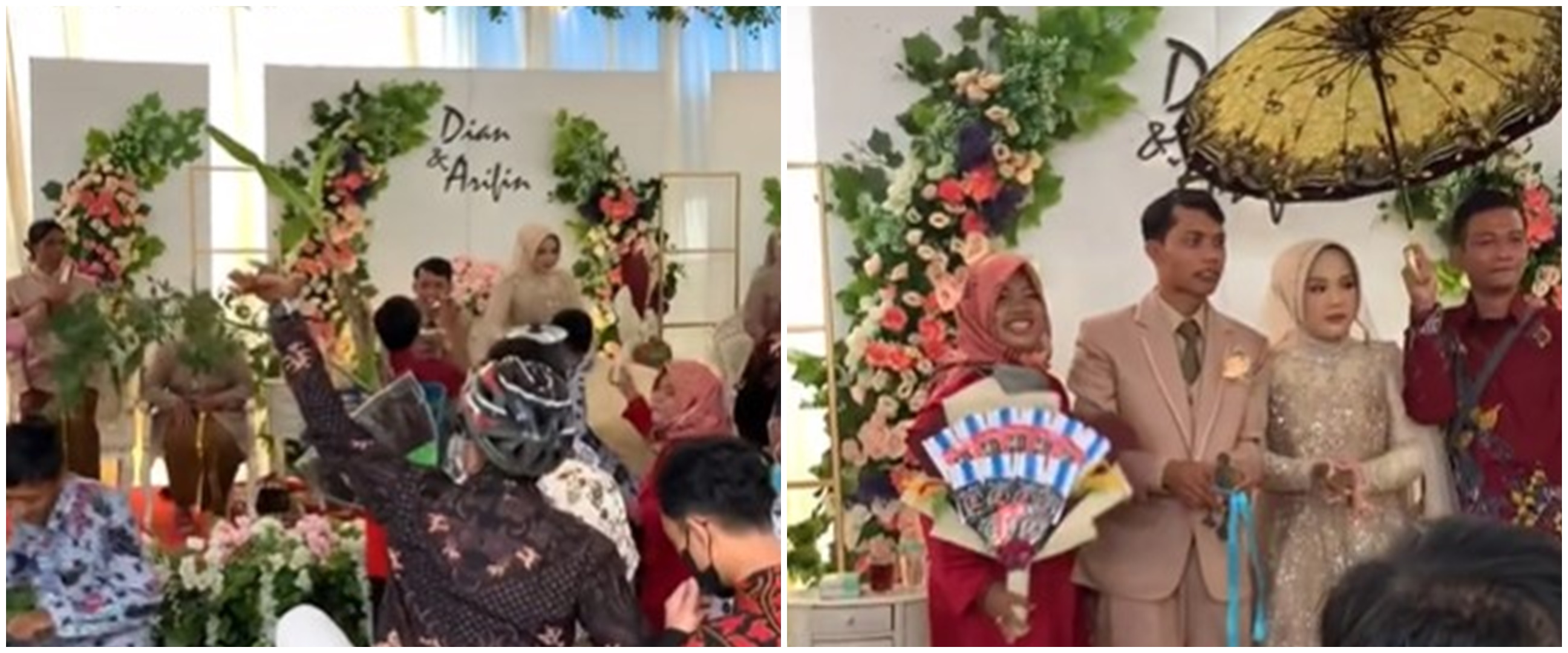 Aksi tamu undangan hadiri resepsi pernikahan, bawa kado pohon pisang