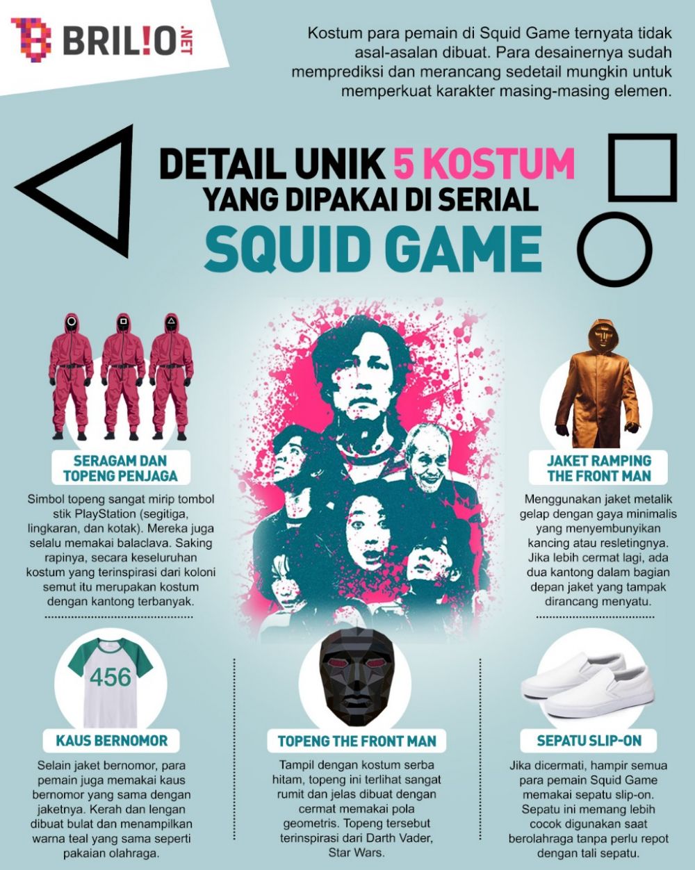 7 Detail unik semua kostum di serial Squid Game, topeng hingga sepatu