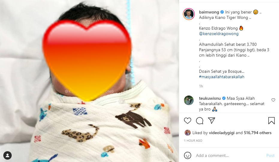 Unggah potret buah hati, Baim Wong ungkap nama anak keduanya