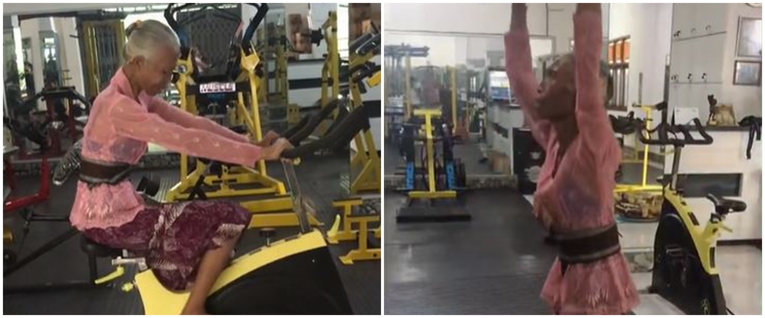 Viral nenek berkebaya fitnes di gym, bikin salut sekaligus ngilu