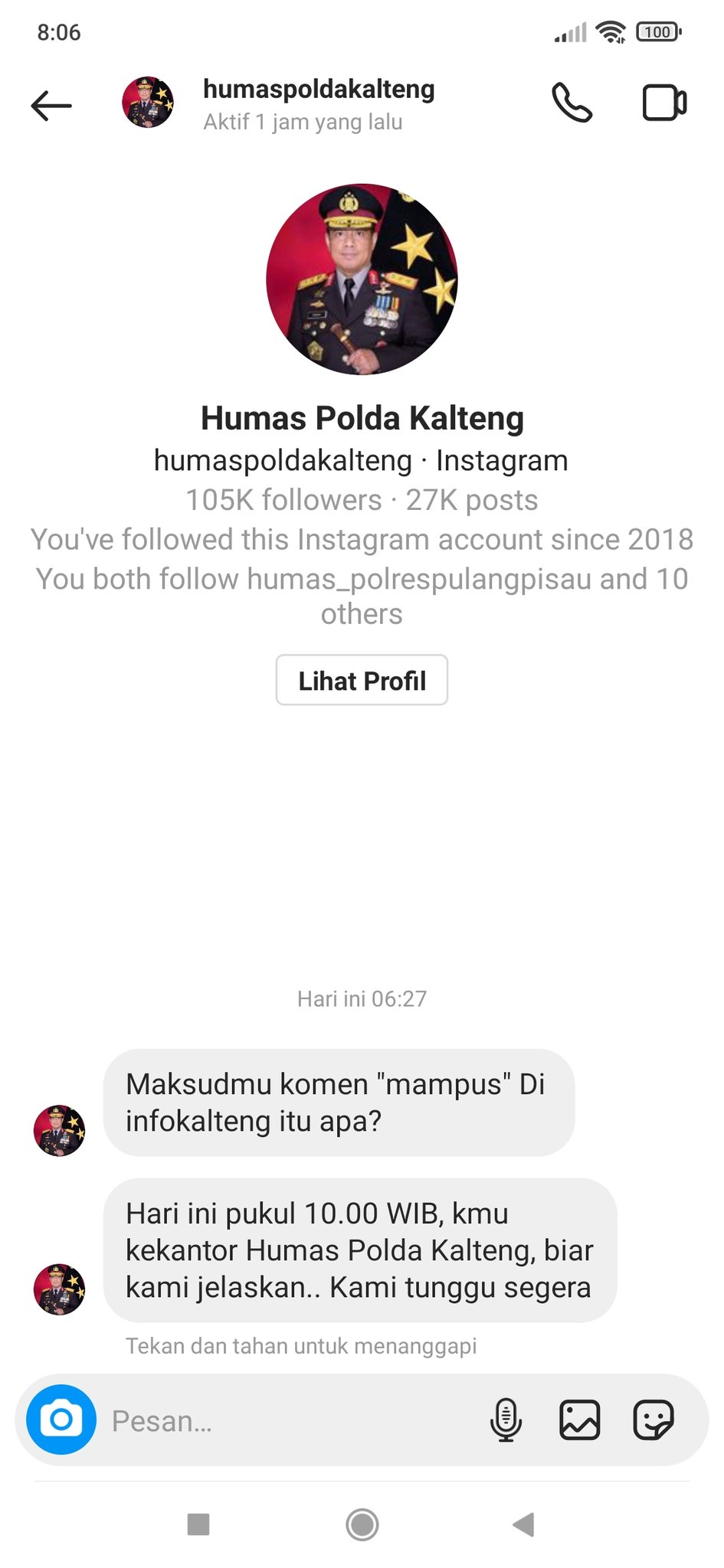 DM Instagram Humas Polda Kalteng jadi sorotan, Kabid Humas minta maaf
