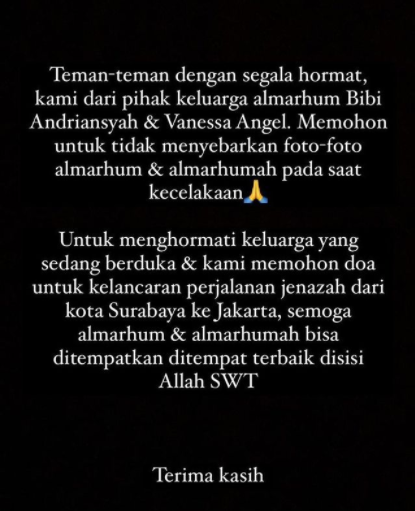 Keluarga suami Vanessa Angel meminta tidak menyebar foto korban 