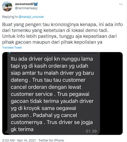 Tersebar isi chat kronologi driver ojol Yogyakarta demo Mie Gacoan