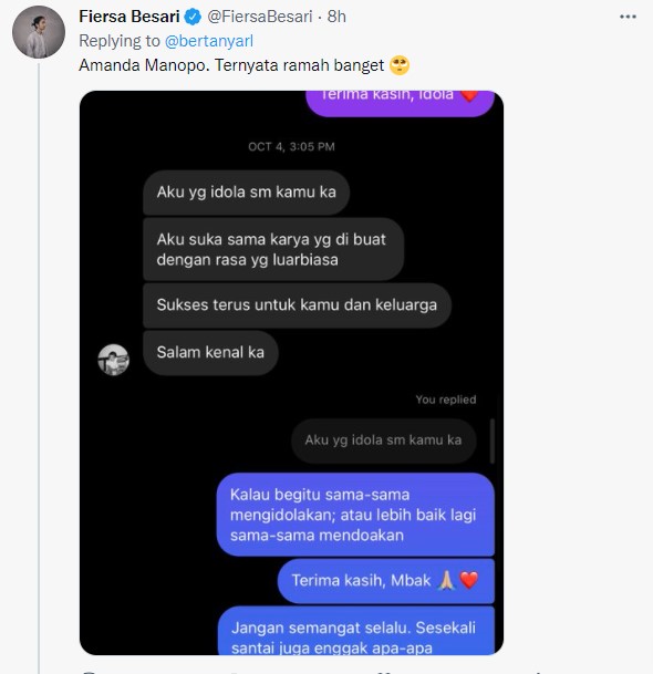 Fiersa Besari bangga dapat DM dari Amanda Manopo, ini isi chatnya