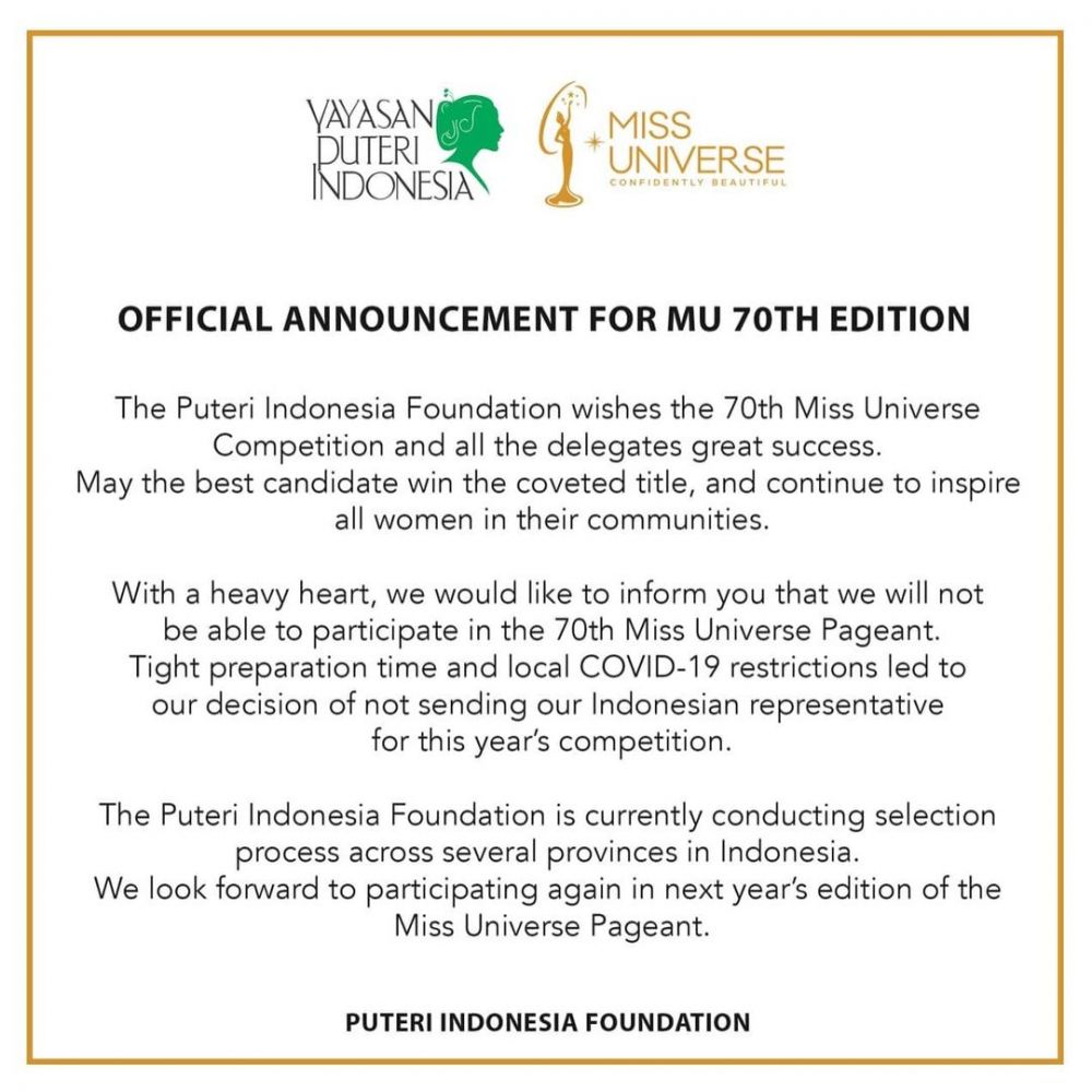 Indonesia absen dari Miss Universe 2021 yang digelar di Israel