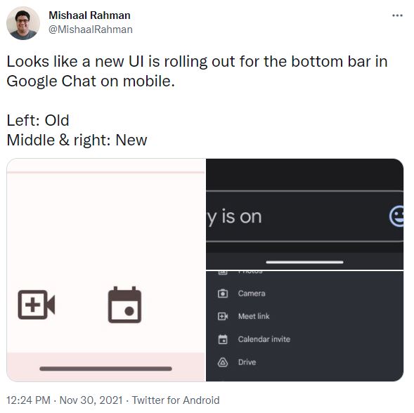 Tampilan anyar UI bottom bar Google Chat Android, semakin ringkas