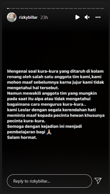 Dihujat lepas kura-kura ke kolam renang, ini klarifikasi Rizky Billar