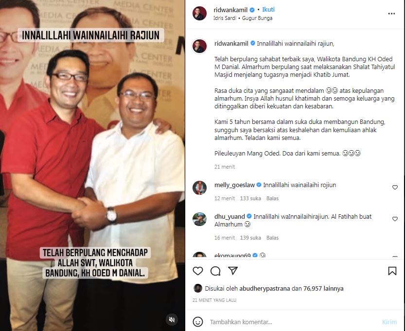 Ungkapan duka Ridwan Kamil atas meninggalnya Oded Wali Kota Bandung