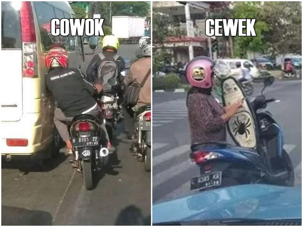 9 Potret lucu beda cewek dan cowok naik motor ini bikin nyengir lebar