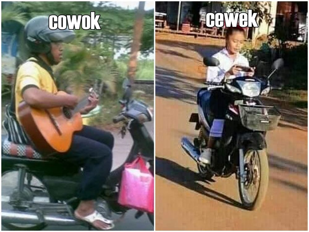 9 Potret lucu beda cewek dan cowok naik motor ini bikin nyengir lebar