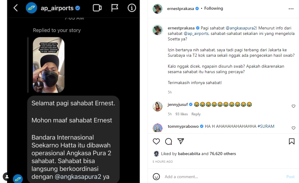 Petugas bandara tak cek hasil swab, Ernest Prakasa beri sindiran pedas