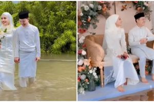 Viral perjuangan sejoli menikah di tengah banjir, bahagia kala bencana