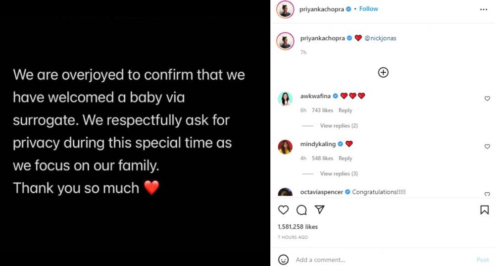 Lewat ibu pengganti, Priyanka Chopra dan Nick Jonas dikaruniai anak