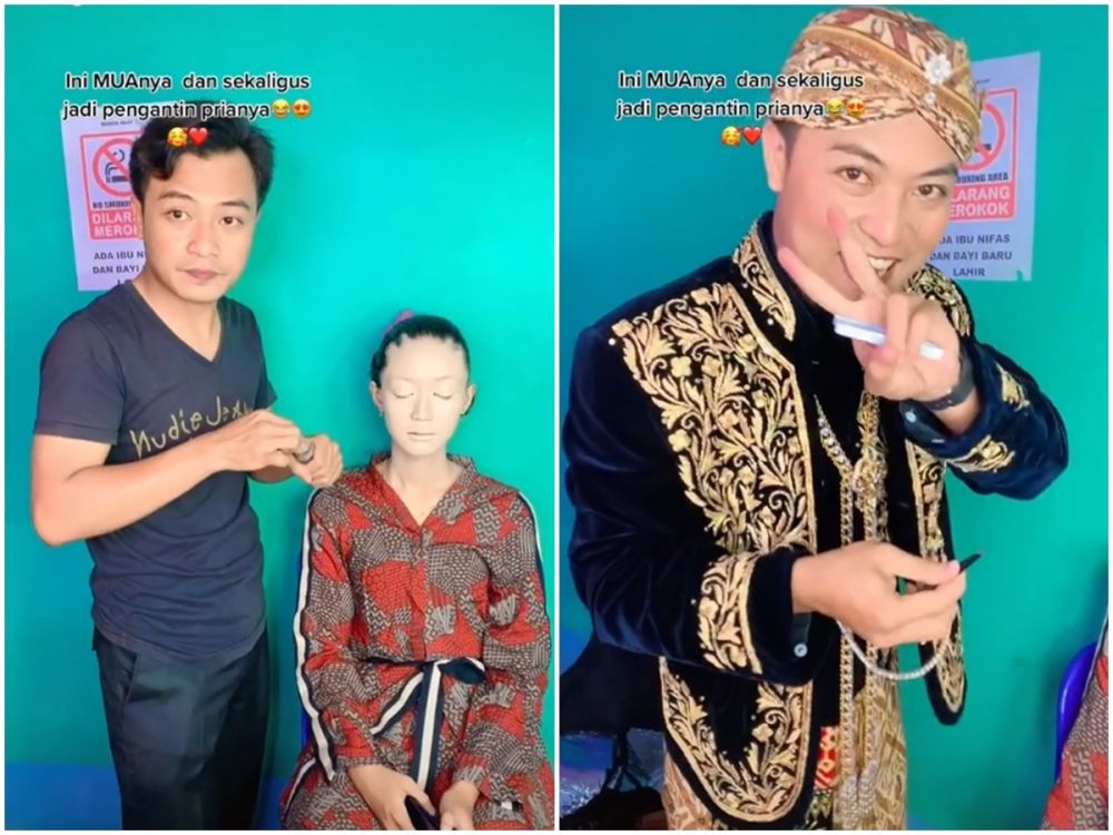 Viral pria jadi MUA sekaligus pengantin di pernikahan, dandani istri