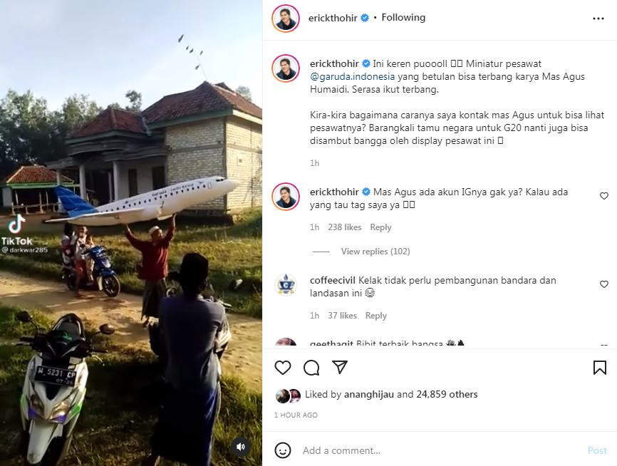 Erick Thohir cari pembuat miniatur pesawat Garuda Indonesia yang viral