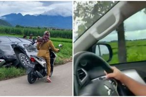 Jatuh di sawah saat belajar setir mobil, reaksi wanita ini tak terduga