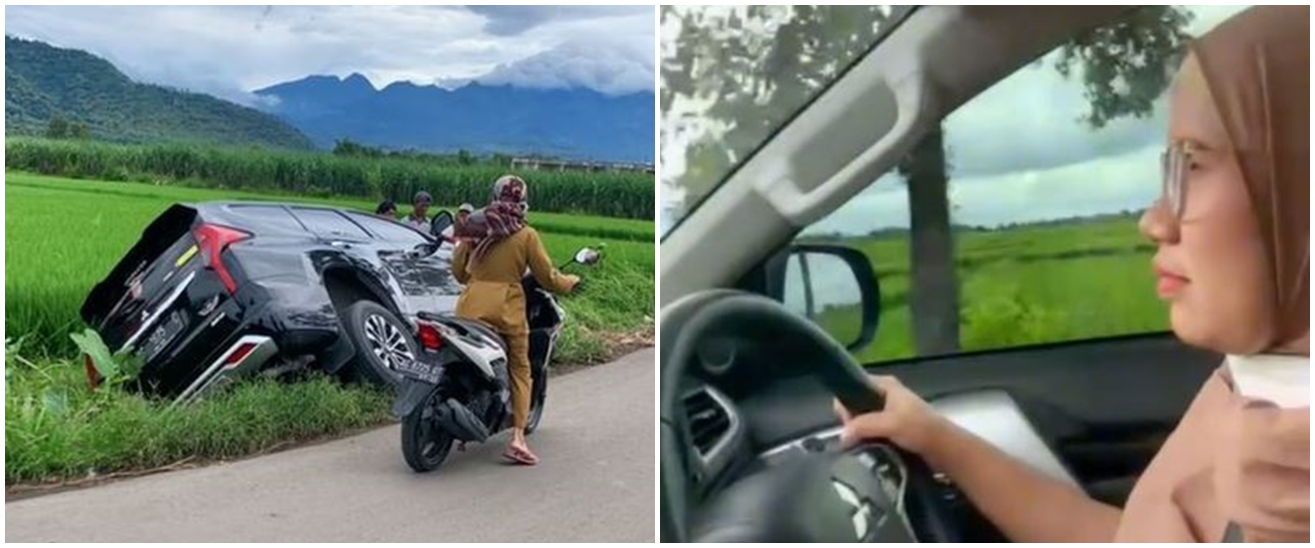 Jatuh di sawah saat belajar setir mobil, reaksi wanita ini tak terduga