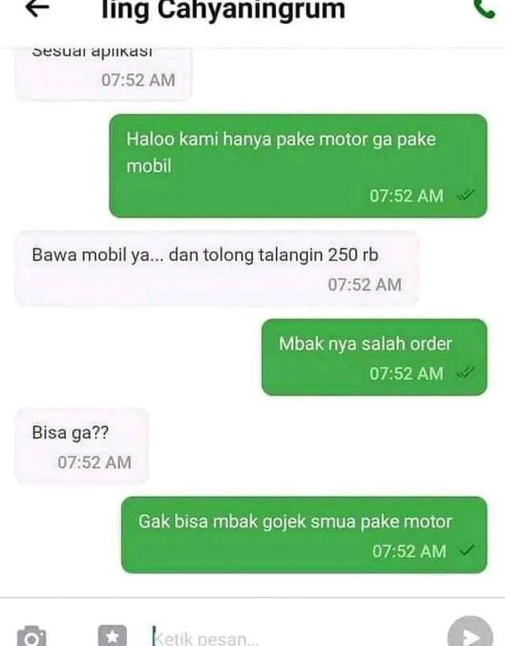 11 Chat lucu pelanggan ojek online salah pesan, bikin kesal