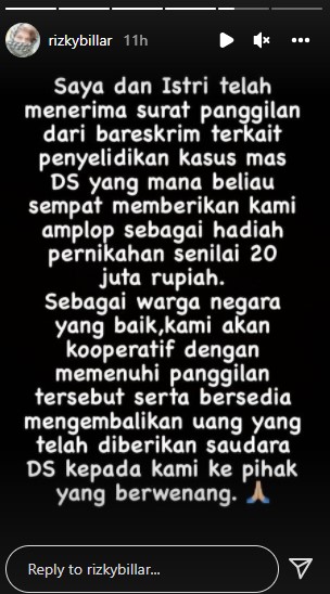 Rizky Billar siap kembalikan amplop Rp 20 juta dari Doni Salmanan