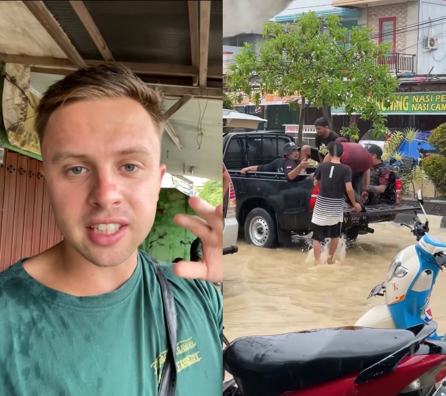 7 Aksi pria bule terobos banjir di Sangatta Kaltim, akamsi abis
