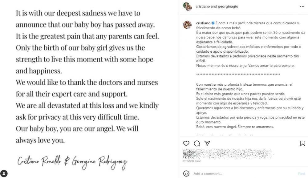 Satu dari bayi kembar Cristiano Ronaldo meninggal dunia