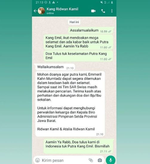 Ridwan Kamil balas chat WhatsApp yang doakan keselamatan anaknya