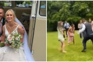 Pesta pernikahan unik, mempelai wanita main bola bareng tamu undangan