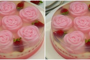 Cara membuat puding strawberry mawar, detailnya ciamik dan enak