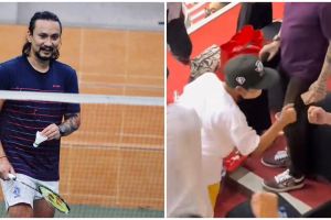 Momen Vincent Rompies peluk istri dan anak usai menang Tepok Bulu 2022