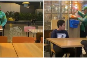 Aksi driver ojol bantu bersihkan sisa makanan di restoran, bikin salut