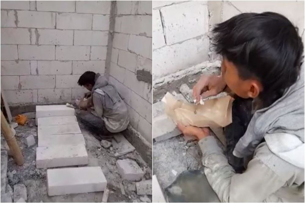 kuli bangunan makan nasi dicocol bungkus snack © TikTok kuli bangunan makan nasi dicocol bungkus snack © TikTok