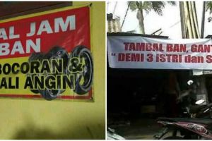 11 Tulisan lucu di spanduk tukang tambal ban ini bikin dahi berkerut