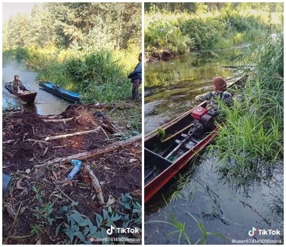 Aksi nenek kendarai perahu di sungai, andal lewati gundukan tanah