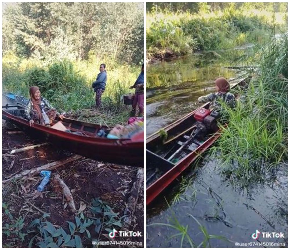 Aksi nenek kendarai perahu di sungai, andal lewati gundukan tanah