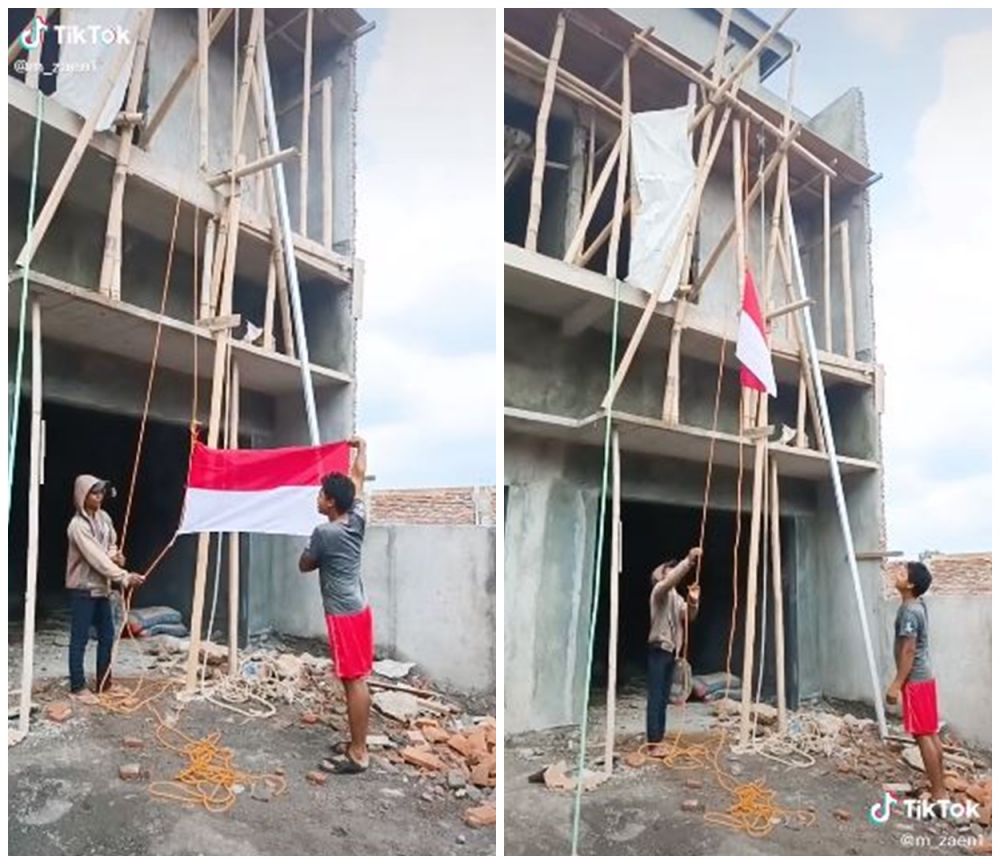 Momen lucu kuli bangunan upacara bendera, hormat senjatanya unik