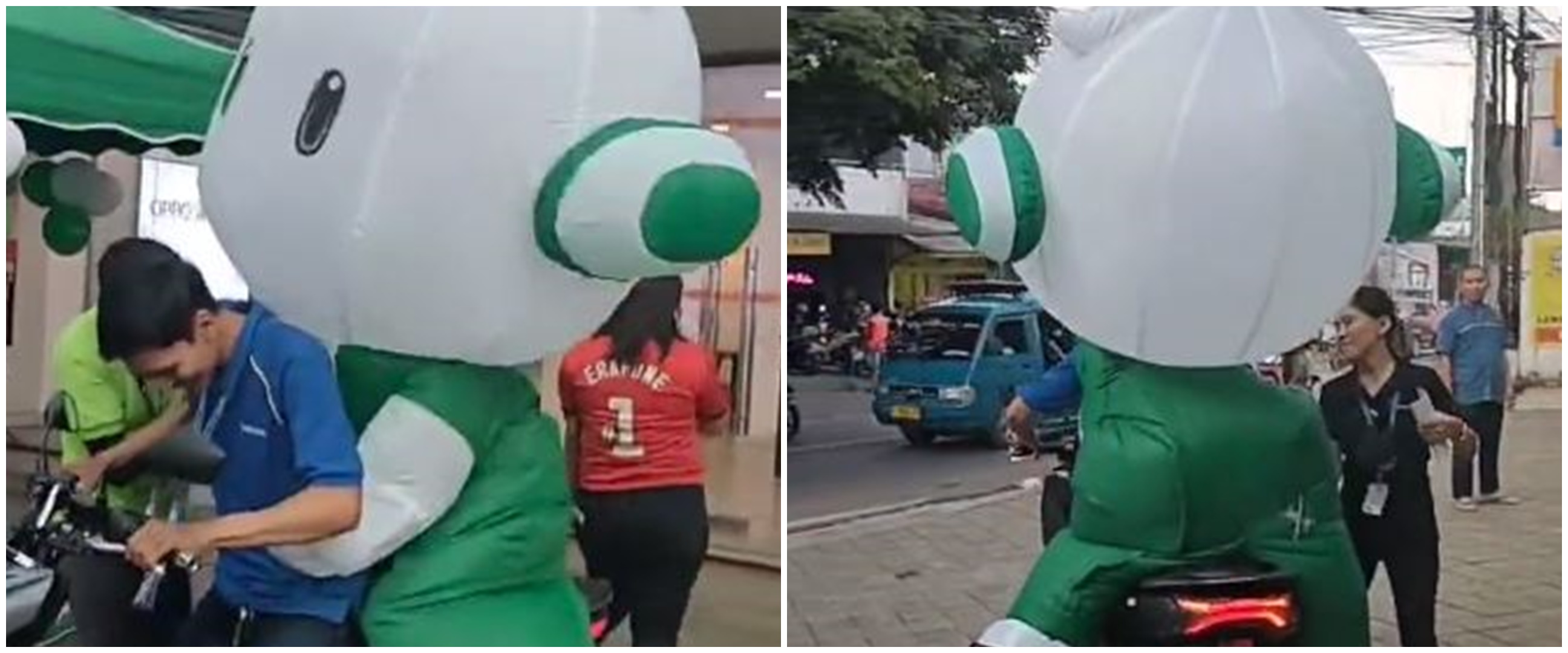 Pria ini boncengin boneka maskot, susah payah tapi bikin ngakak