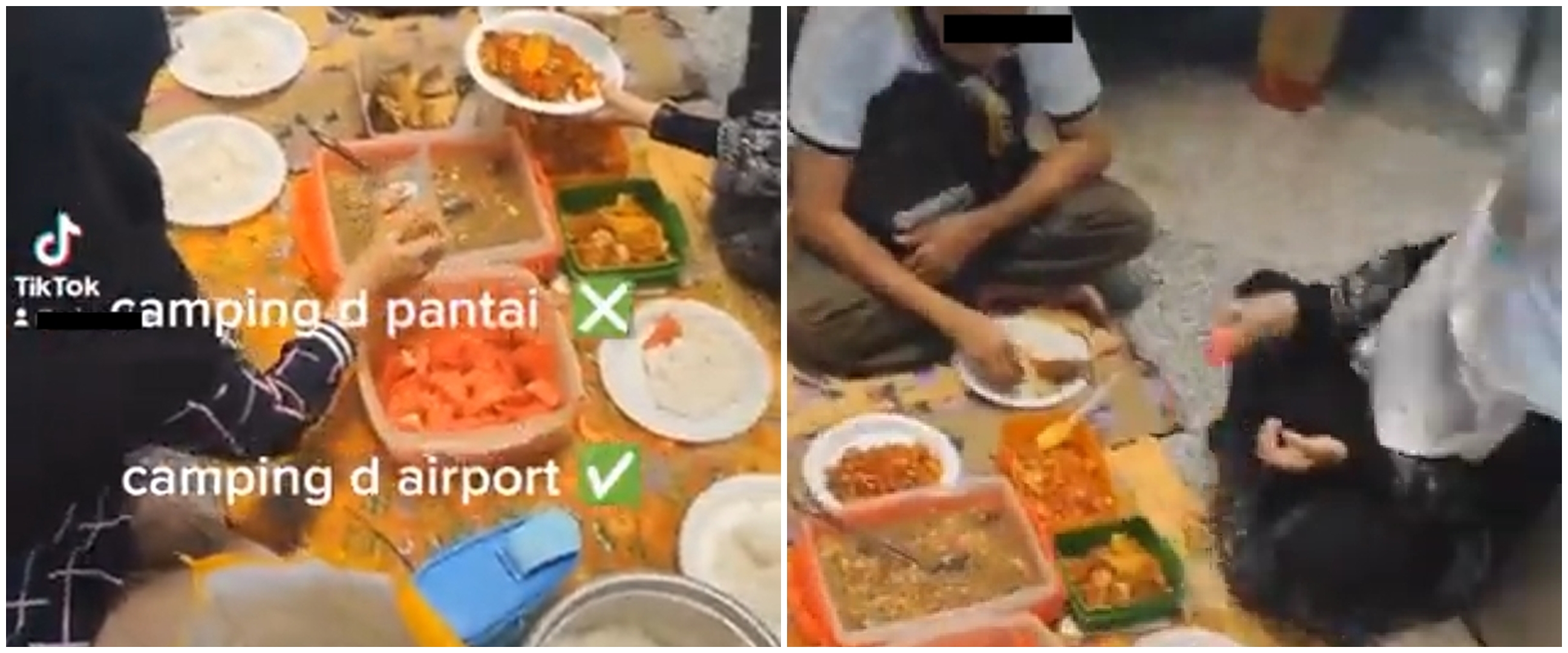 Serasa piknik, satu keluarga makan dan gelar tikar di bandara