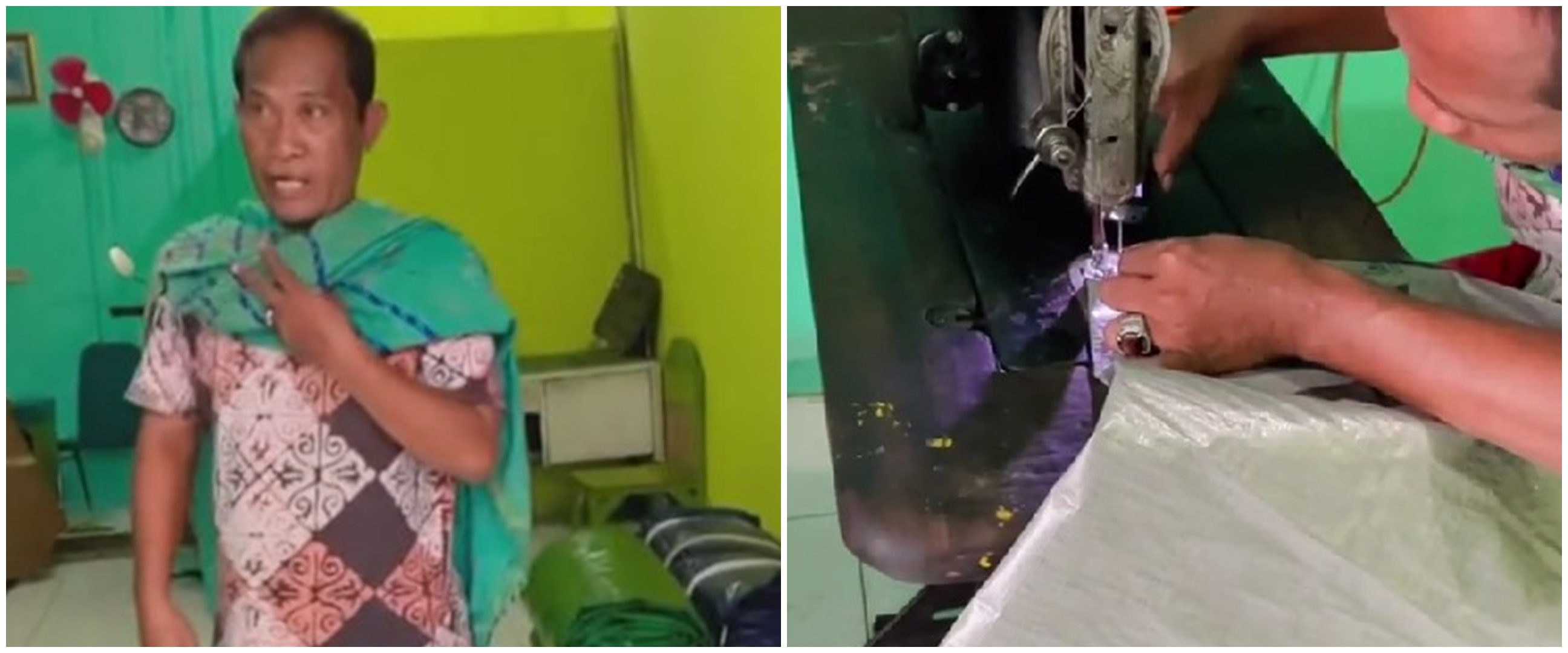 Berteduh kala hujan, wanita ini dijahitkan jas oleh penjual terpal