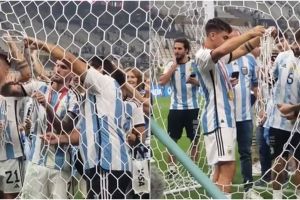 Momen unik selebrasi juara Piala Dunia 2022, para pemain Argentina gunting jala gawang