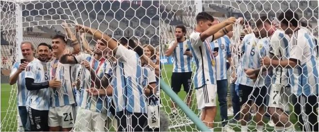 Momen unik selebrasi juara Piala Dunia 2022, para pemain Argentina gunting jala gawang