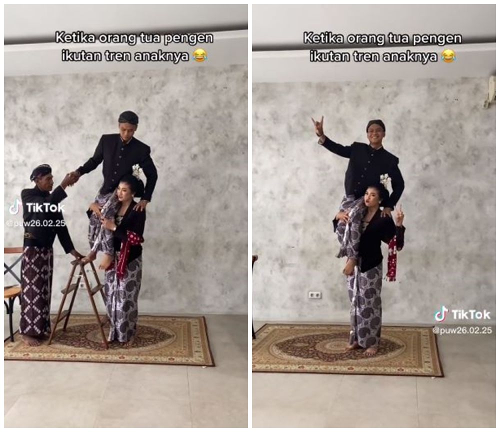 Viral emak-emak ikut tren gendong suami di pundak, ekspresinya tanpa beban bikin salah fokus