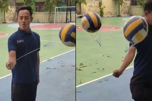 Aksi guru penjaskes jago main lato-lato pakai bola voli, antimainstream