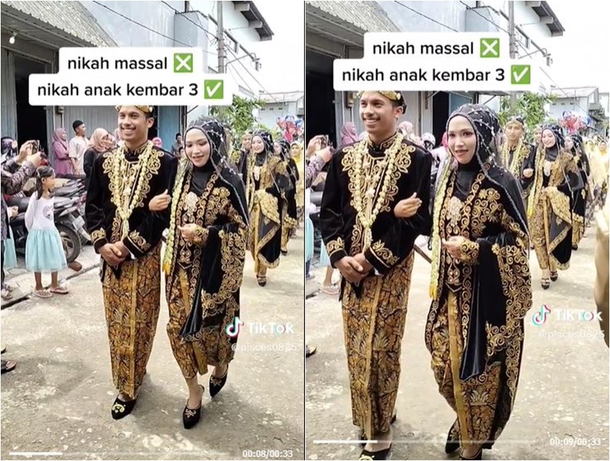 Dikira pernikahan massal, ini momen langka 3 perempuan kembar jadi pengantin di satu resepsi
