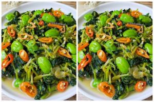 Resep tumis daun singkong campur bunga pepaya dan petai, menu yang pas disantap dengan nasi hangat
